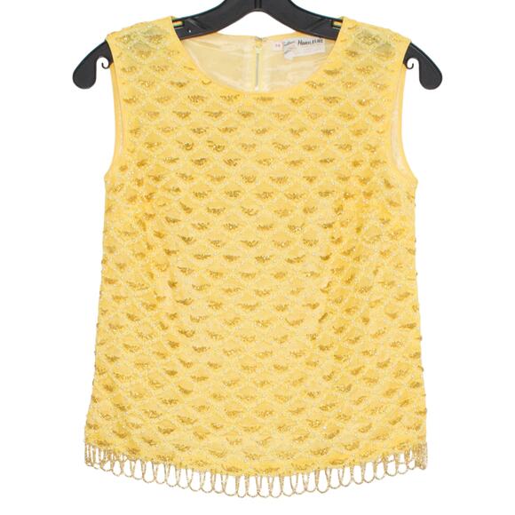 Vintage Tank Top Beaded Lace Mod 60s 70s Cocktail Embellished Retro Yellow 34 2 - Picture 1 of 6